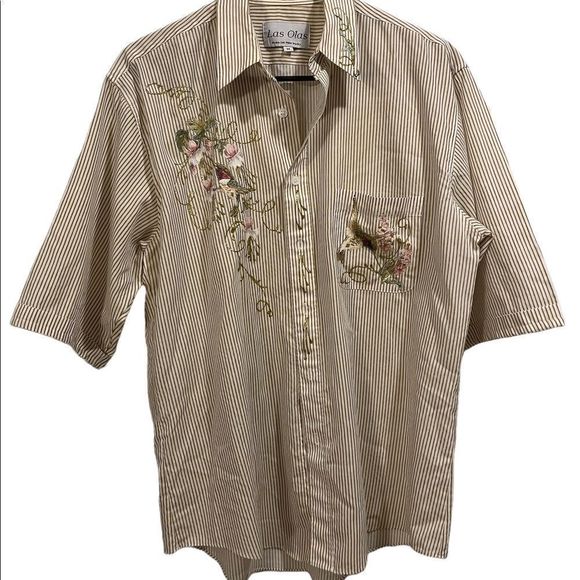 Vintage Las Olas Gold and White Hummingbird Floral Short Sleeve Button Up Top - Picture 1 of 9